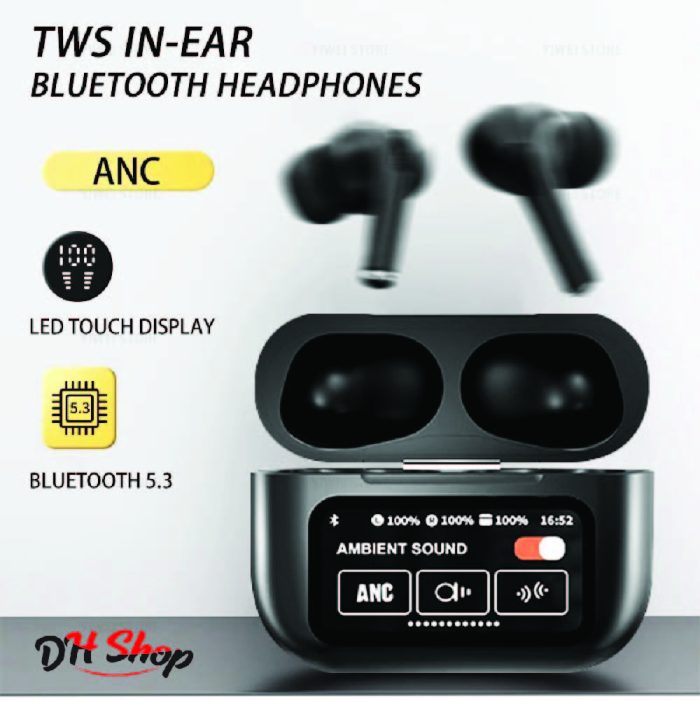 Airpods A9 Pro ANC/ENC Touch Screen Display Wireless Earbuds With Bluetooth 5.0, LCD Display, Super Bass- Black - Image 4