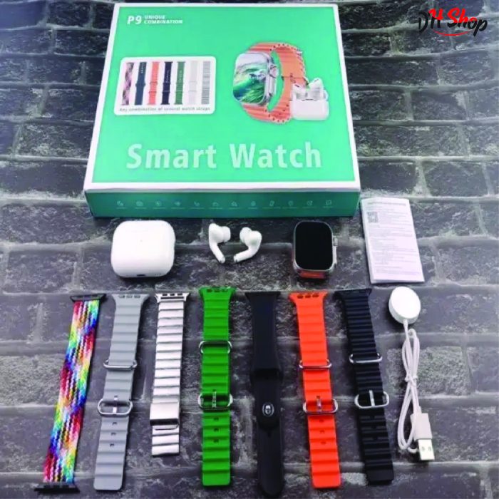 Smart watch P9 set with headphones, P9 Smartwatch Combination Earbuds, smartwatch with 07 straps + Airpods Pro Combo - Image 1