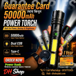 50000mAh Rechargeable LED Power Torch with Dual COB Light | Type-C Fast Charging | Power Bank Function | Ultra Bright Flashlight | 1 Year Warranty